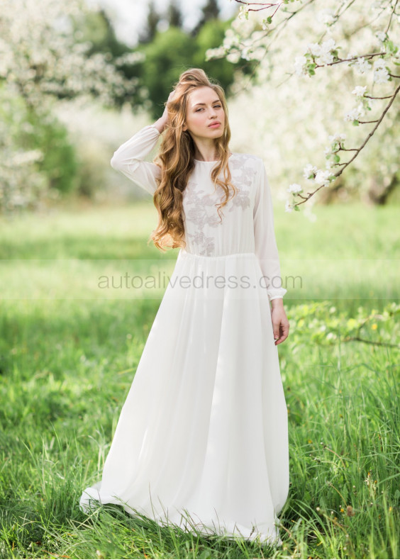 Long Sleeve Ivory Lace Chiffon Wedding Dress